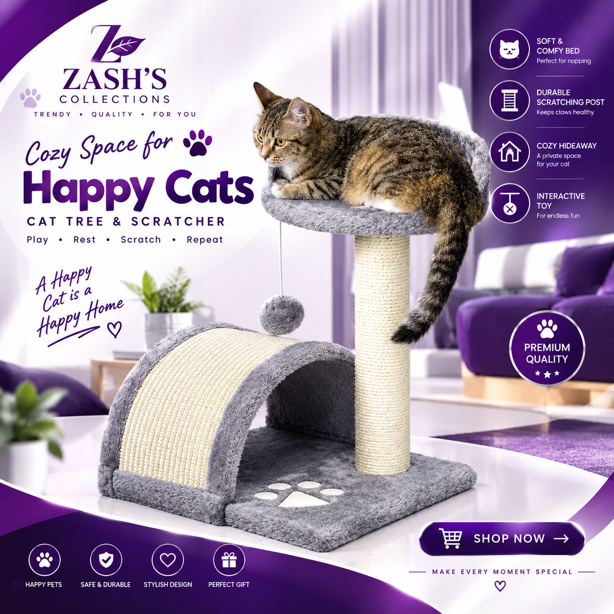 Cat Tree Scratching Scratcher Post Kitten Activity Centre Climber Hanging Ball